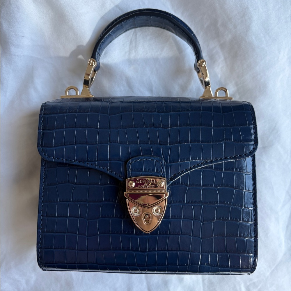 Aspinal of London - Navy Blue Crocodile Pattern Mini Mayfair Handbag